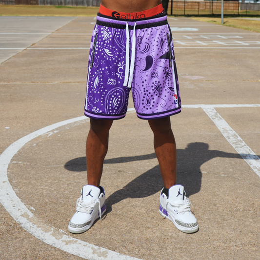Twilight Fusion Shorts shown in purple reversible mesh fabric with zipper pockets and wide drawstrings on a basketball court.