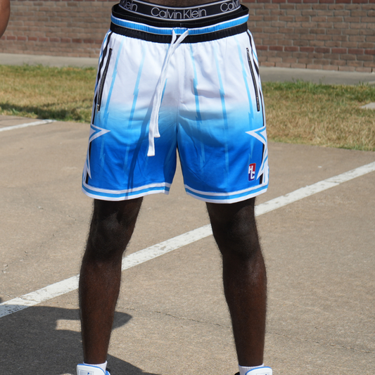 Ocean Blue Shorts with reversible design, polyester mesh, zipper pockets, long drawstrings, and stylish inseam cut.