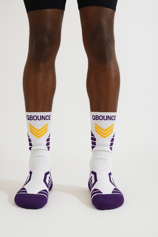 QBounce Grip Socks in white and purple, designed for enhanced agility and grip performance.