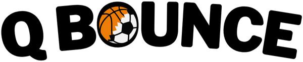 Logo of Q Bounce with a basketball and soccer ball design on a black background