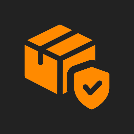 Priority Processed Shipping + Insurance icon showing an orange package with a shield and checkmark for secure shipping.
